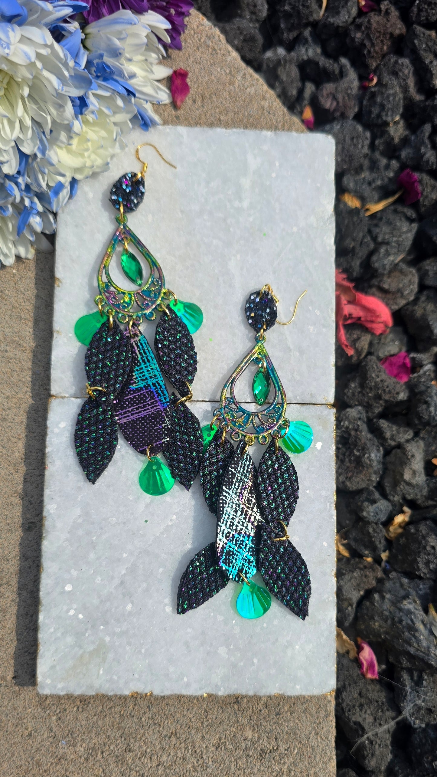 Justine - Black Green Chandelier Earrings
