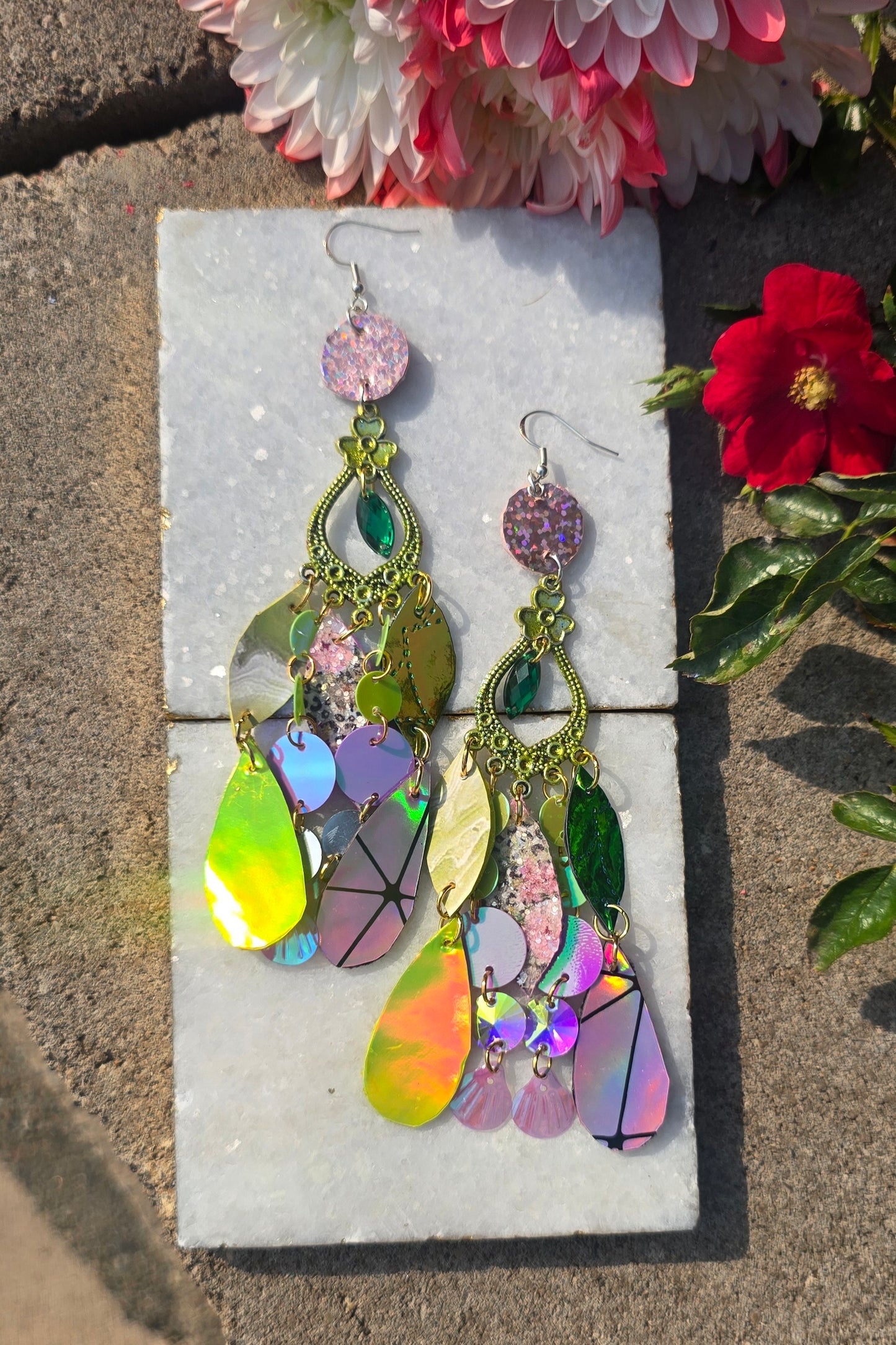 Krista - Green Pink Iridescent Dangle Earrings