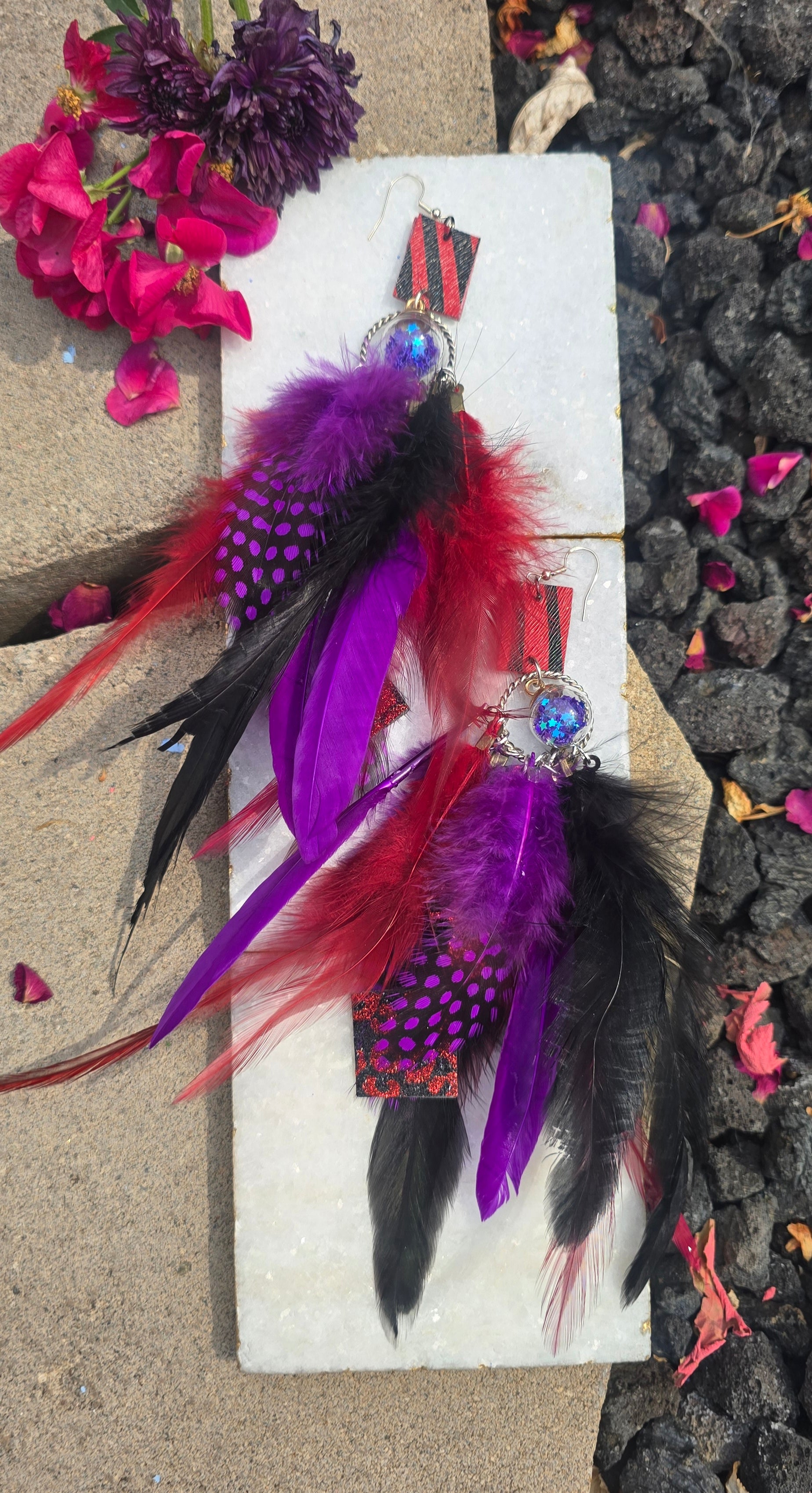 Kayla - Red Purple Feather Earrings