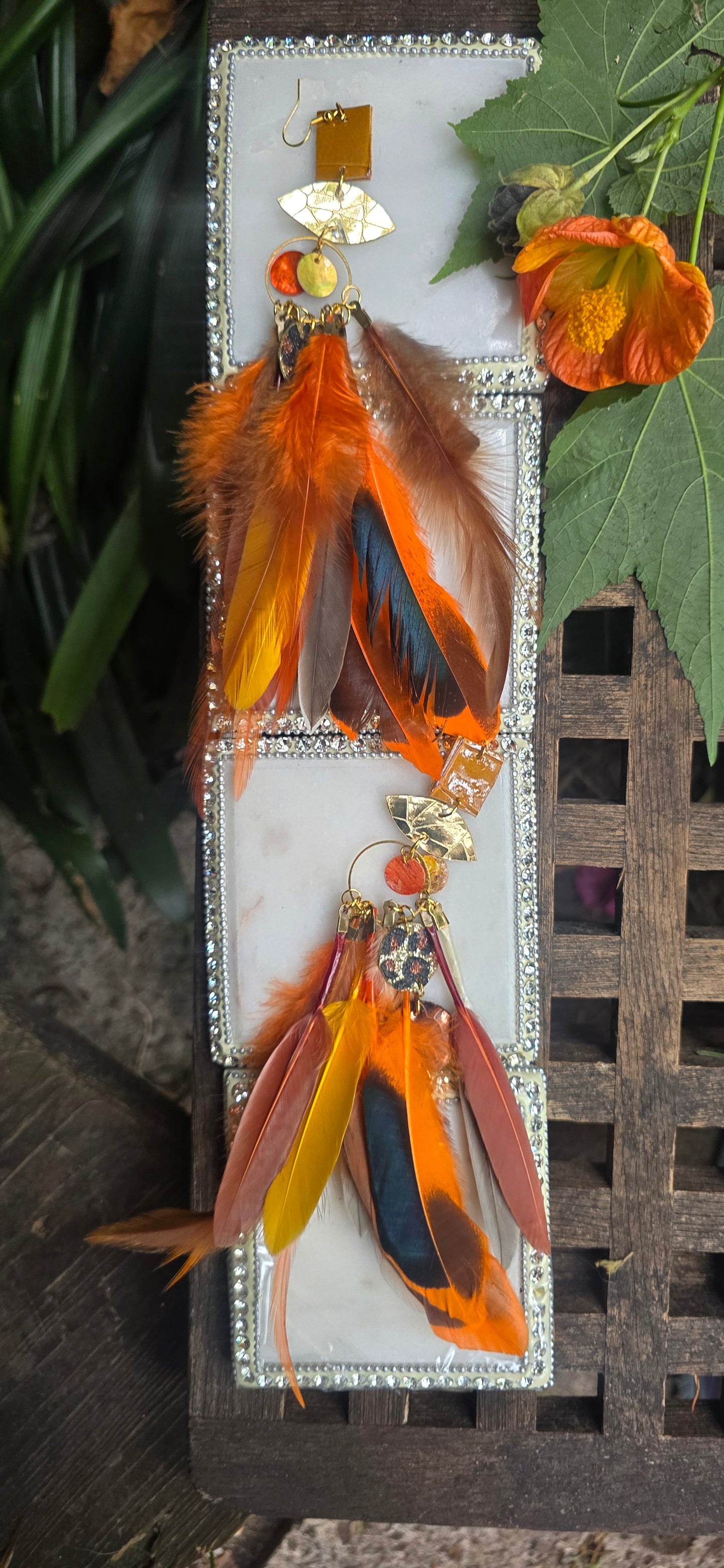 Tricia - Orange Glittery Feather Earrings