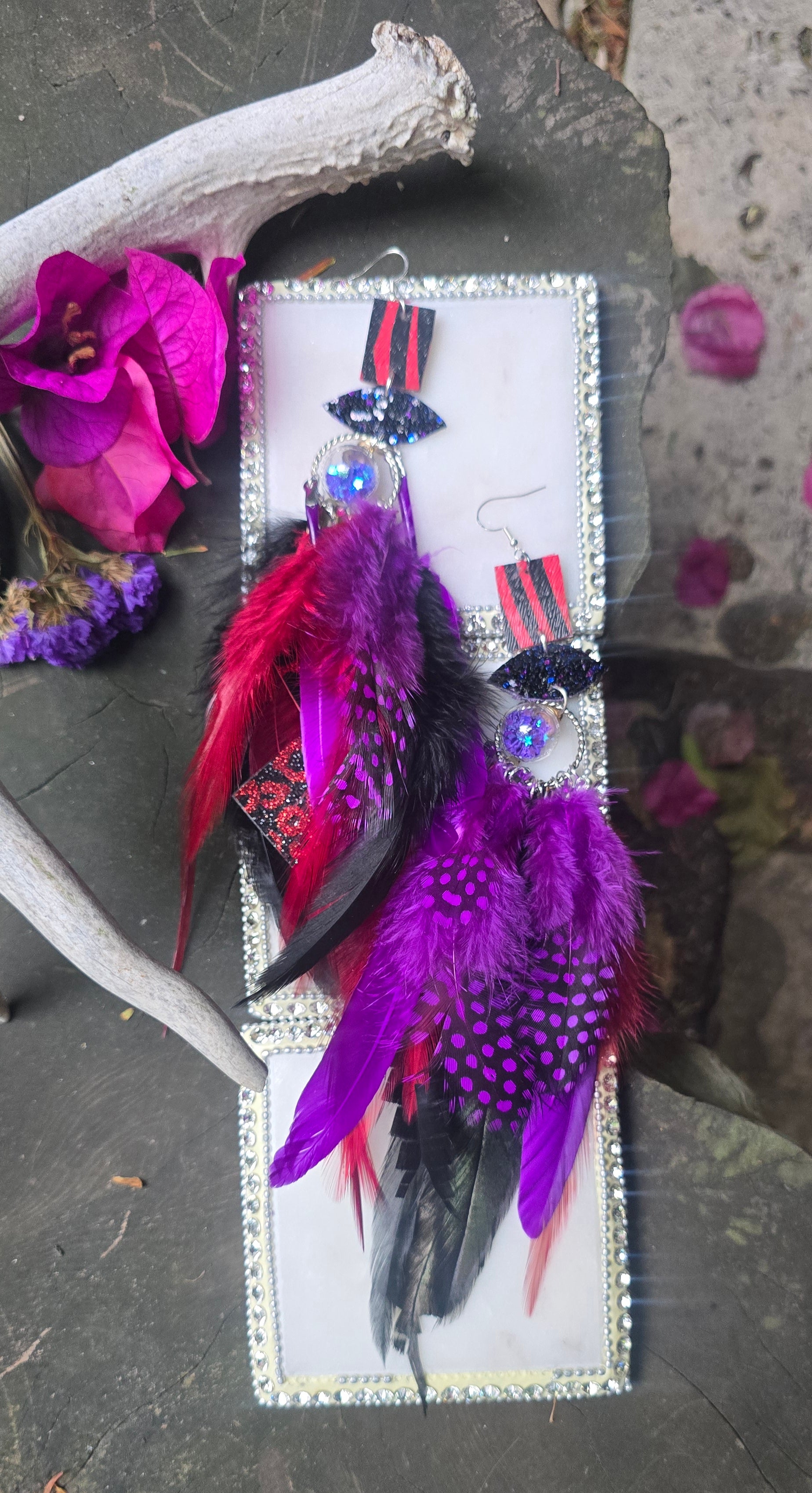 Kayla - Red Purple Feather Earrings