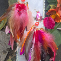 Kalina - Red Pink Festival Feather Earrings