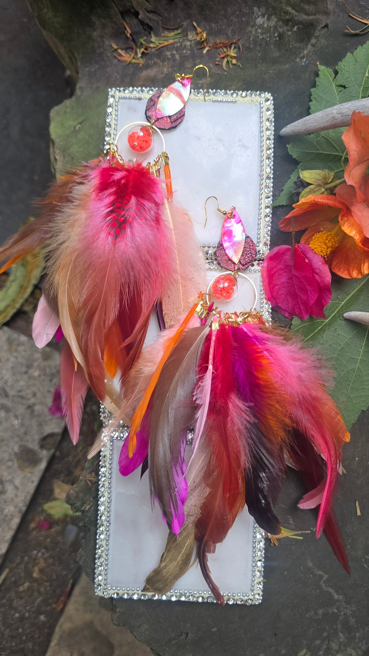 Kalina - Red Pink Festival Feather Earrings