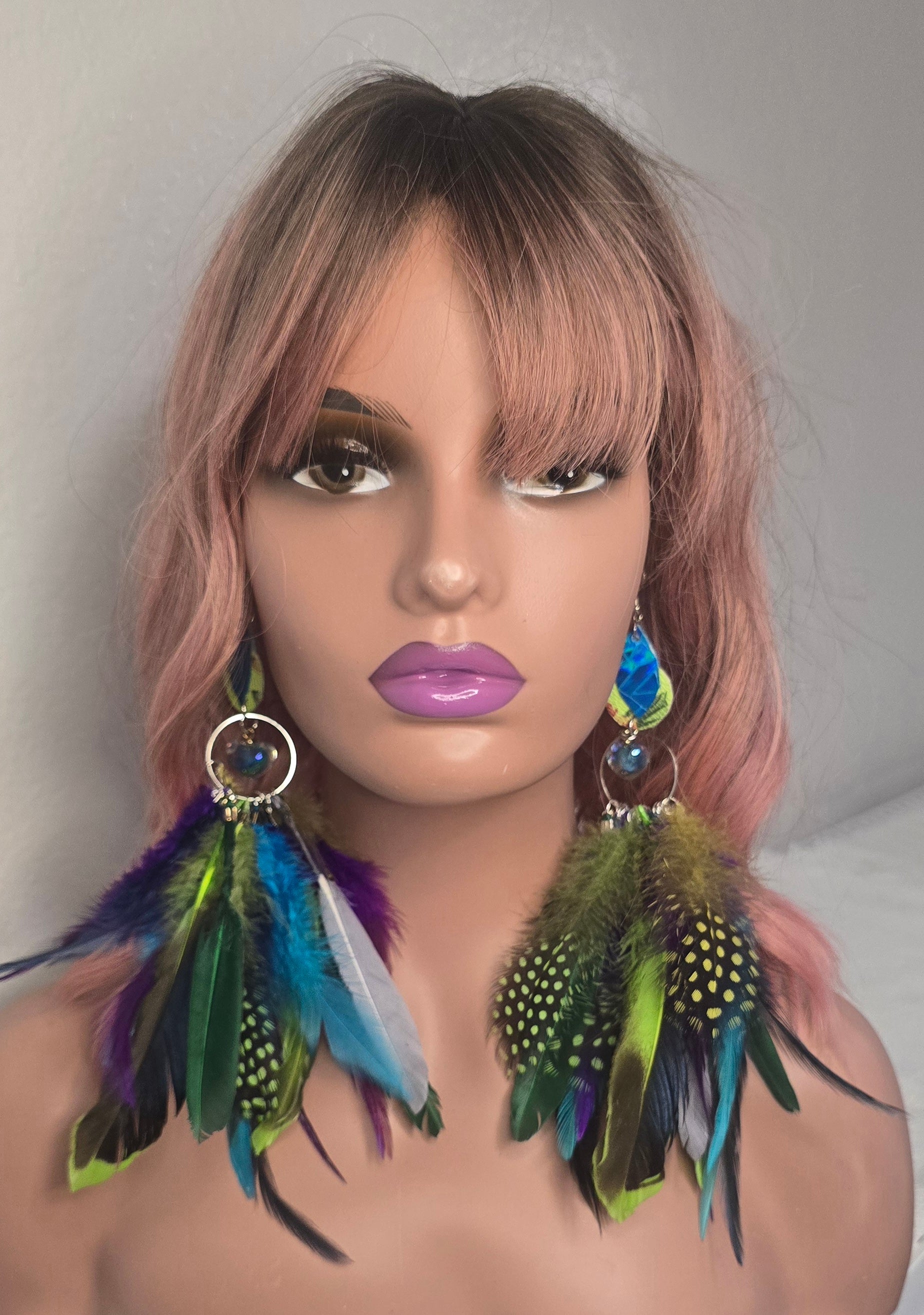 Vivian - Blue Lime Boho Feather Earrings