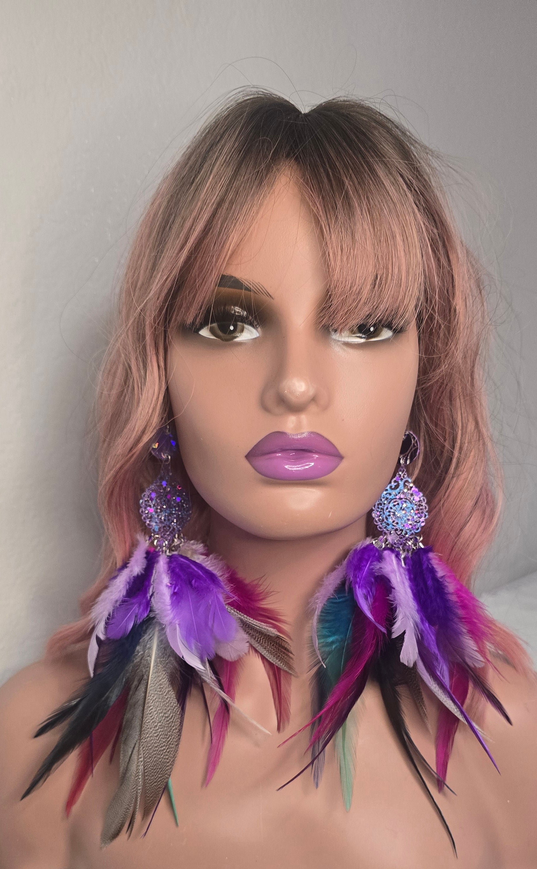 Collette - Long Purple Feather Earrings