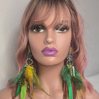 Sara - Green Yellow Feather Earrings