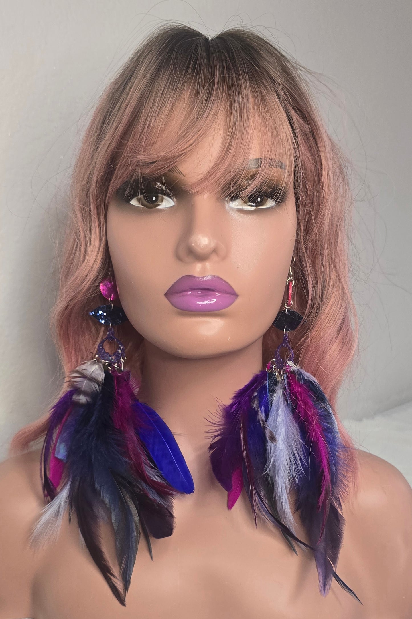 Cheryl - Blue Hot Pink Glittery Feather Earrings