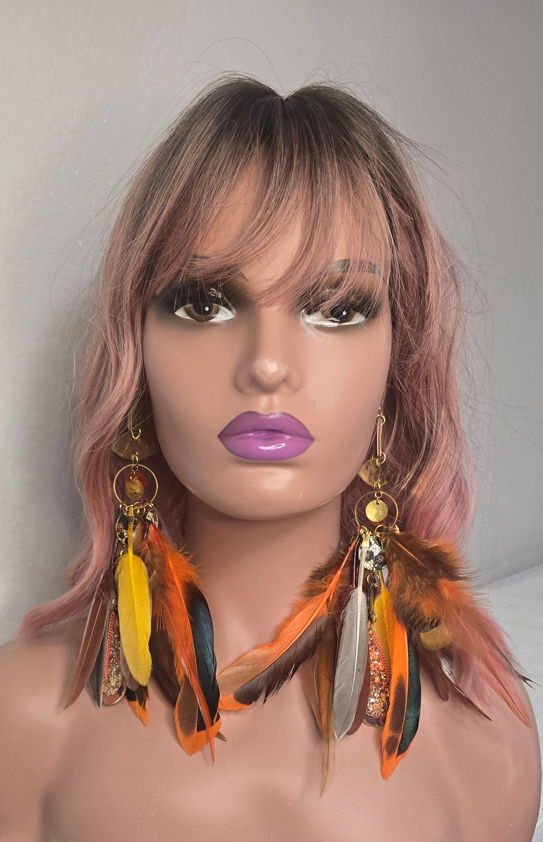 Tricia - Orange Glittery Feather Earrings