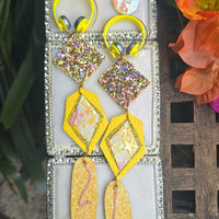 Eleanor - Yellow Geometric Glittery Long Dangle Earrings