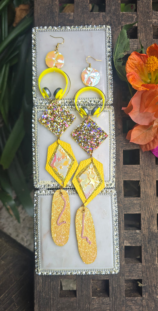 Eleanor - Yellow Geometric Glittery Long Dangle Earrings
