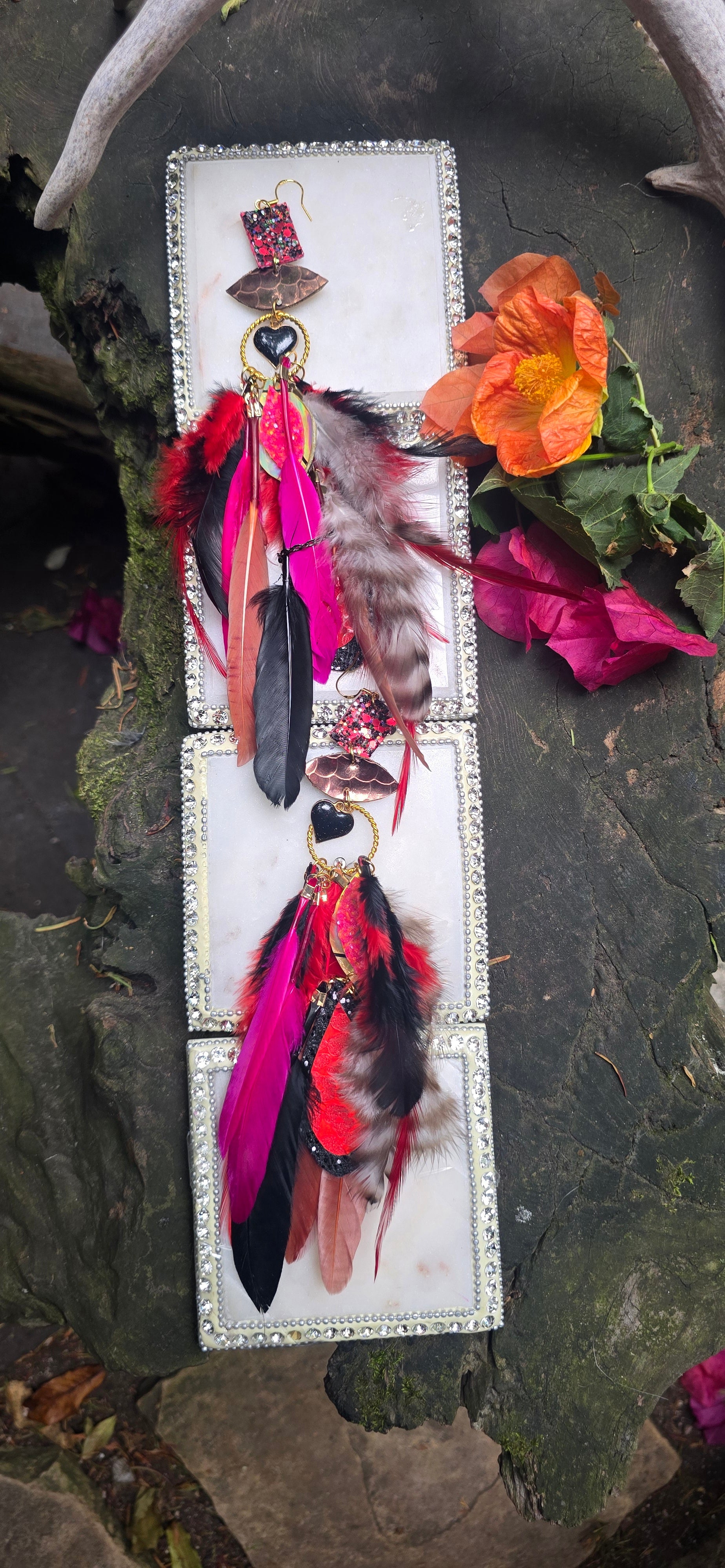 Sonja - Red Black Heart Feather Earrings