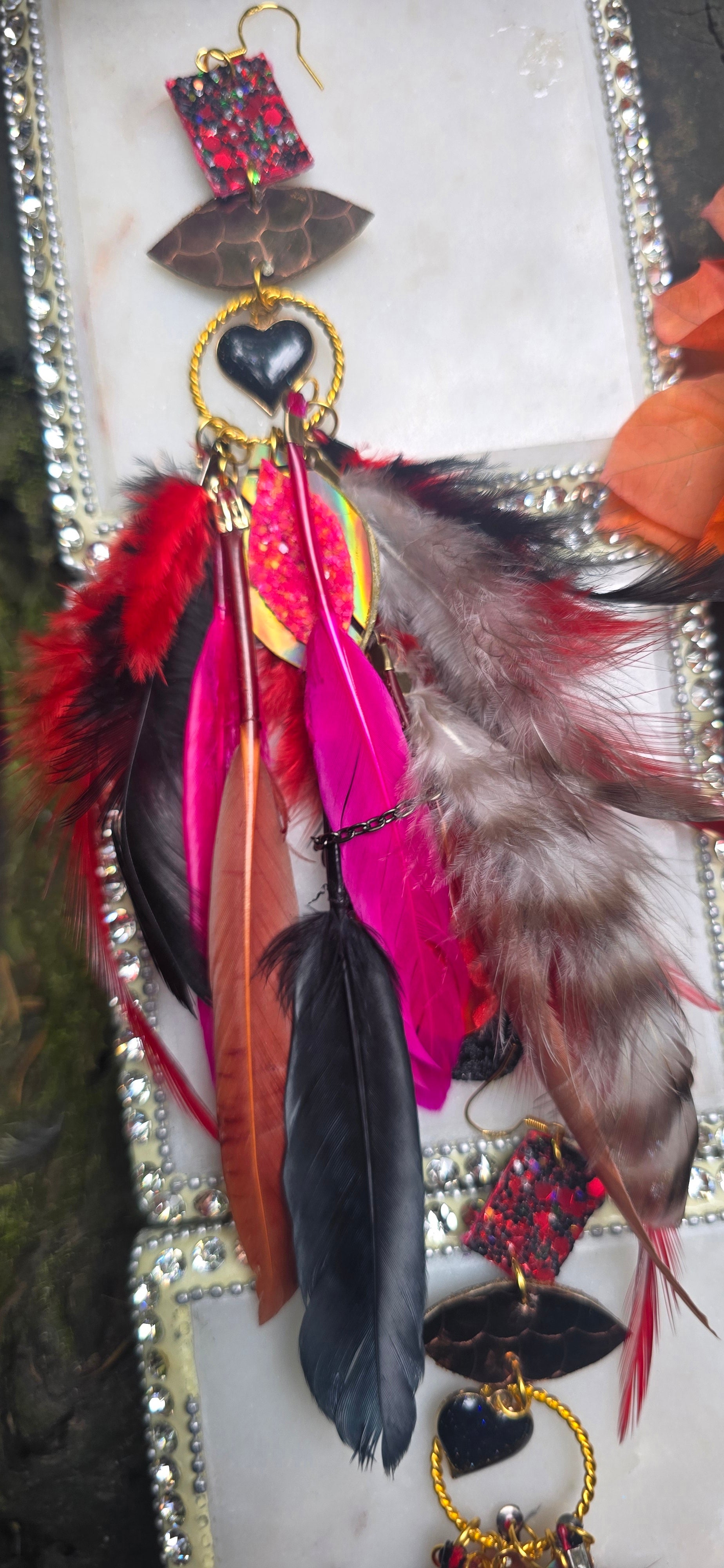 Sonja - Red Black Heart Feather Earrings