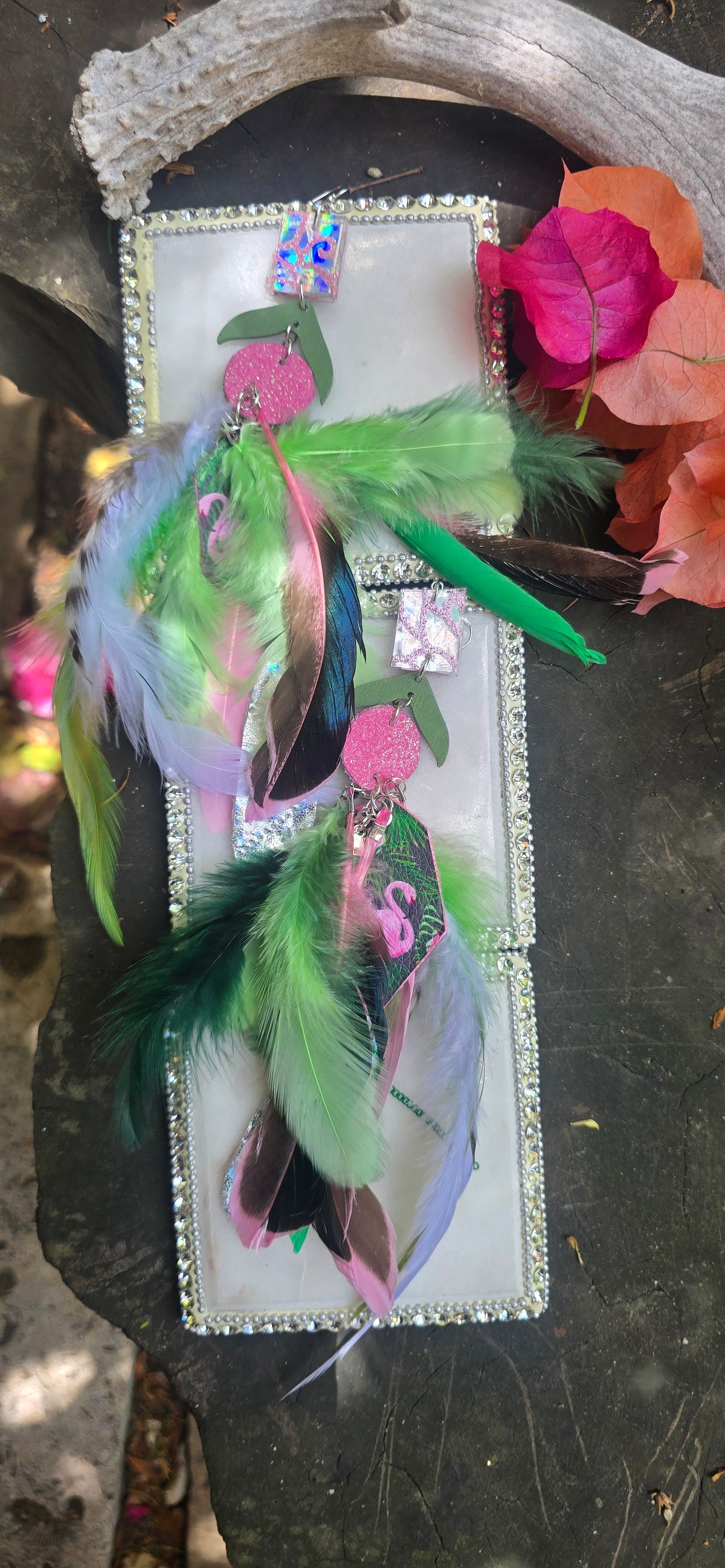 Mia - Green Flamingo Feather Earrings