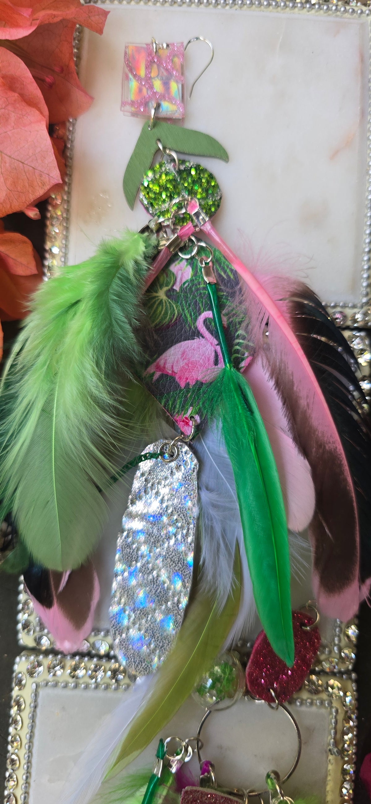 Mia - Green Flamingo Feather Earrings