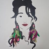 Emma - Hot Pink Green Feather Earrings