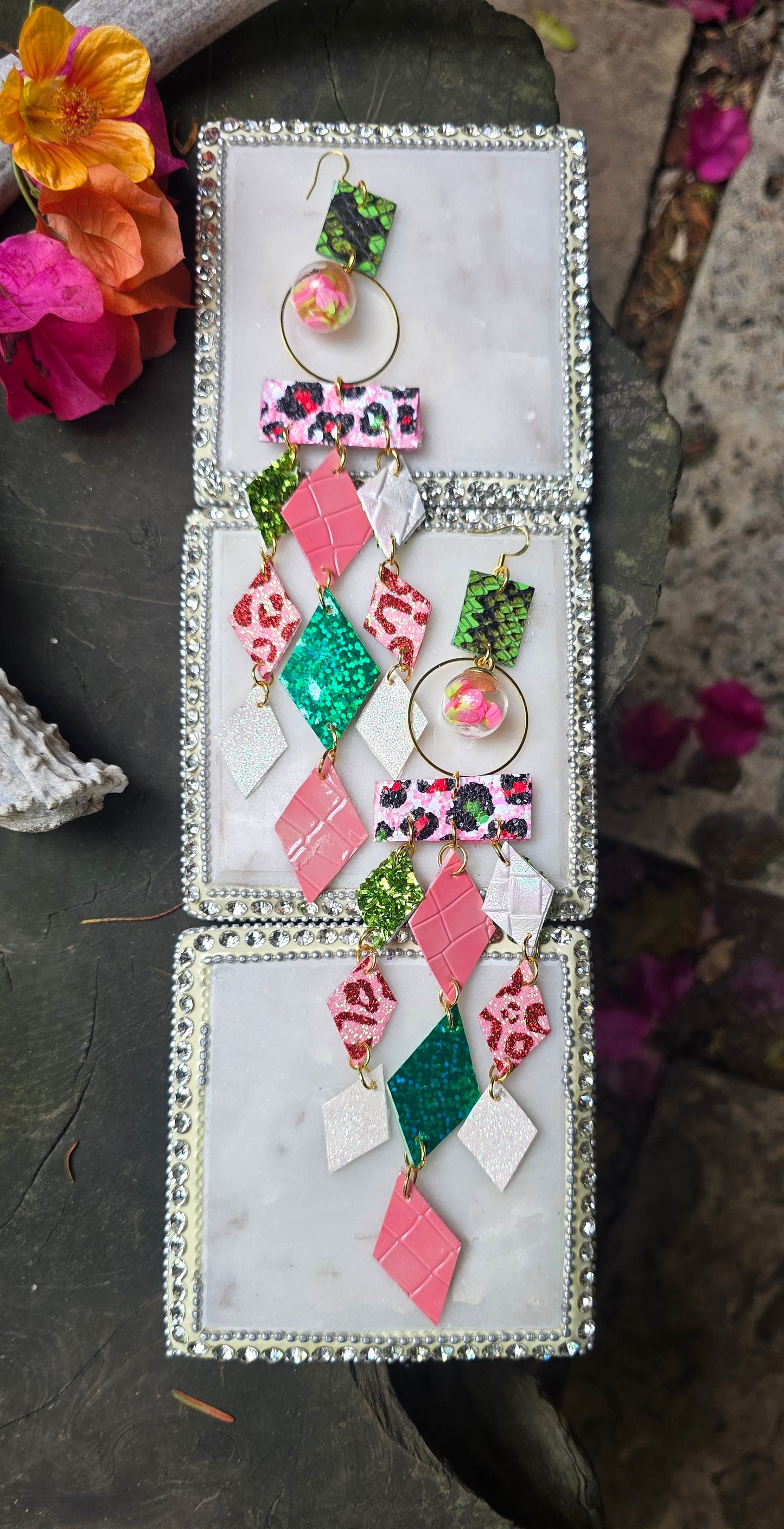 Savannah - Pink Green Diamond Chandelier Dangle Earrings