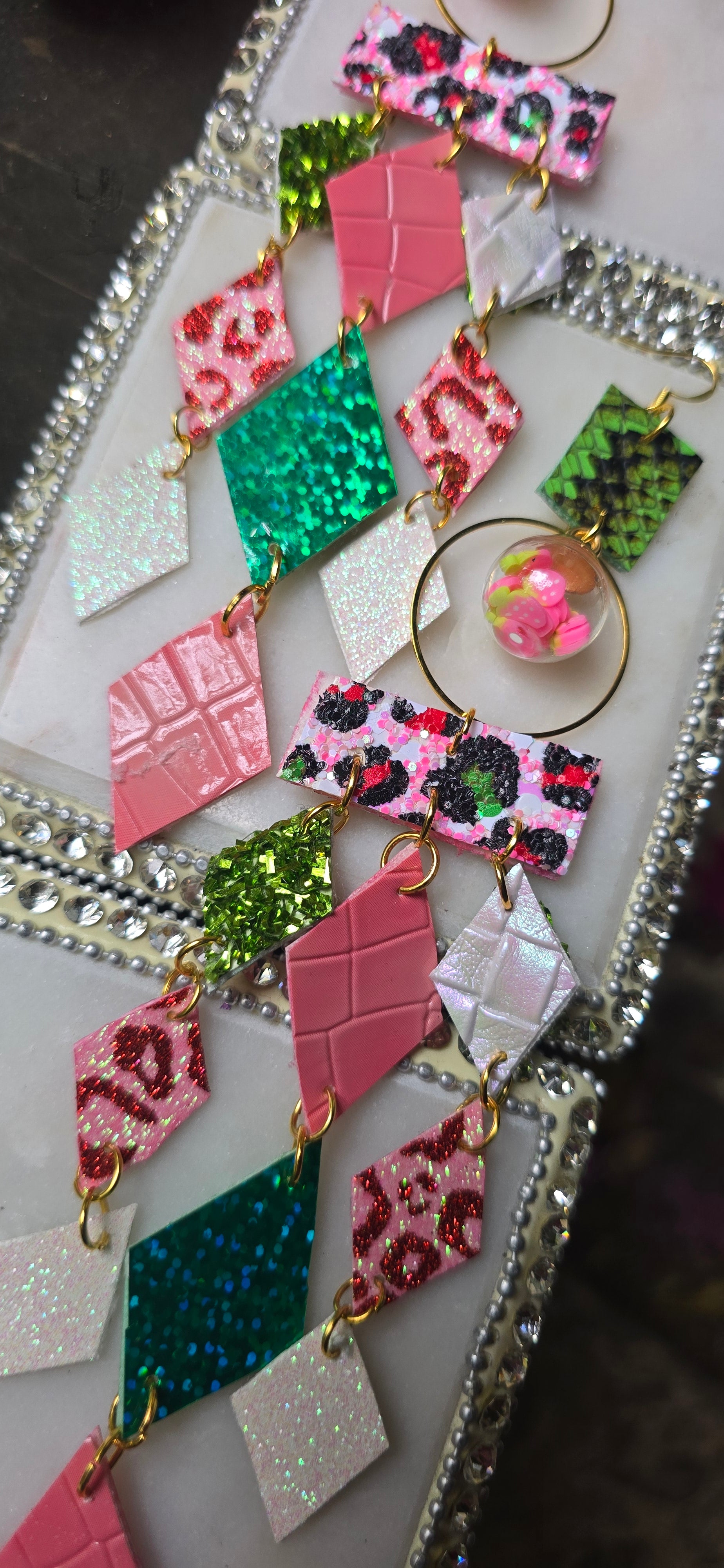 Savannah - Pink Green Diamond Chandelier Dangle Earrings