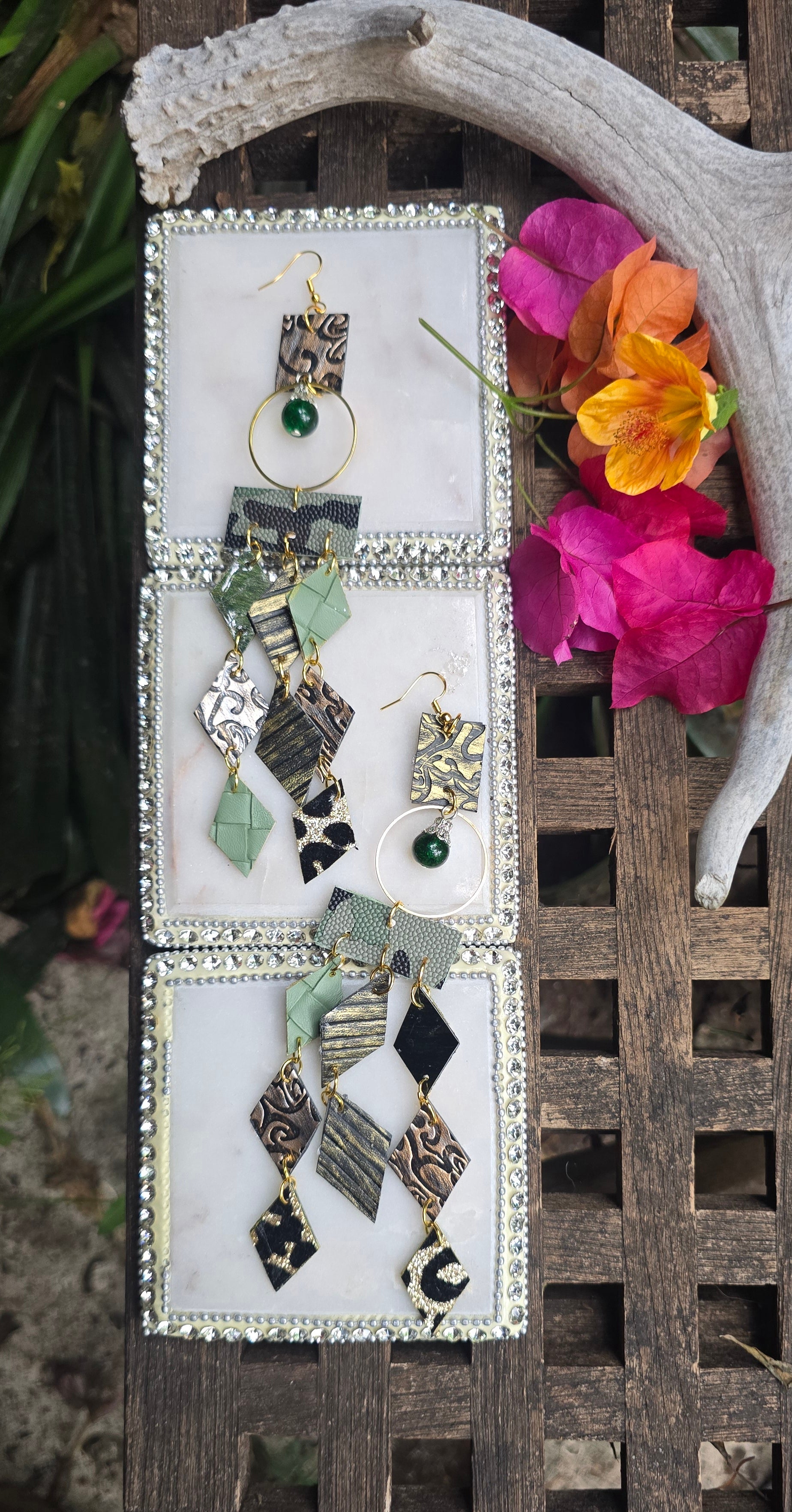 Katie - Army Green Diamond Chandelier Earrings
