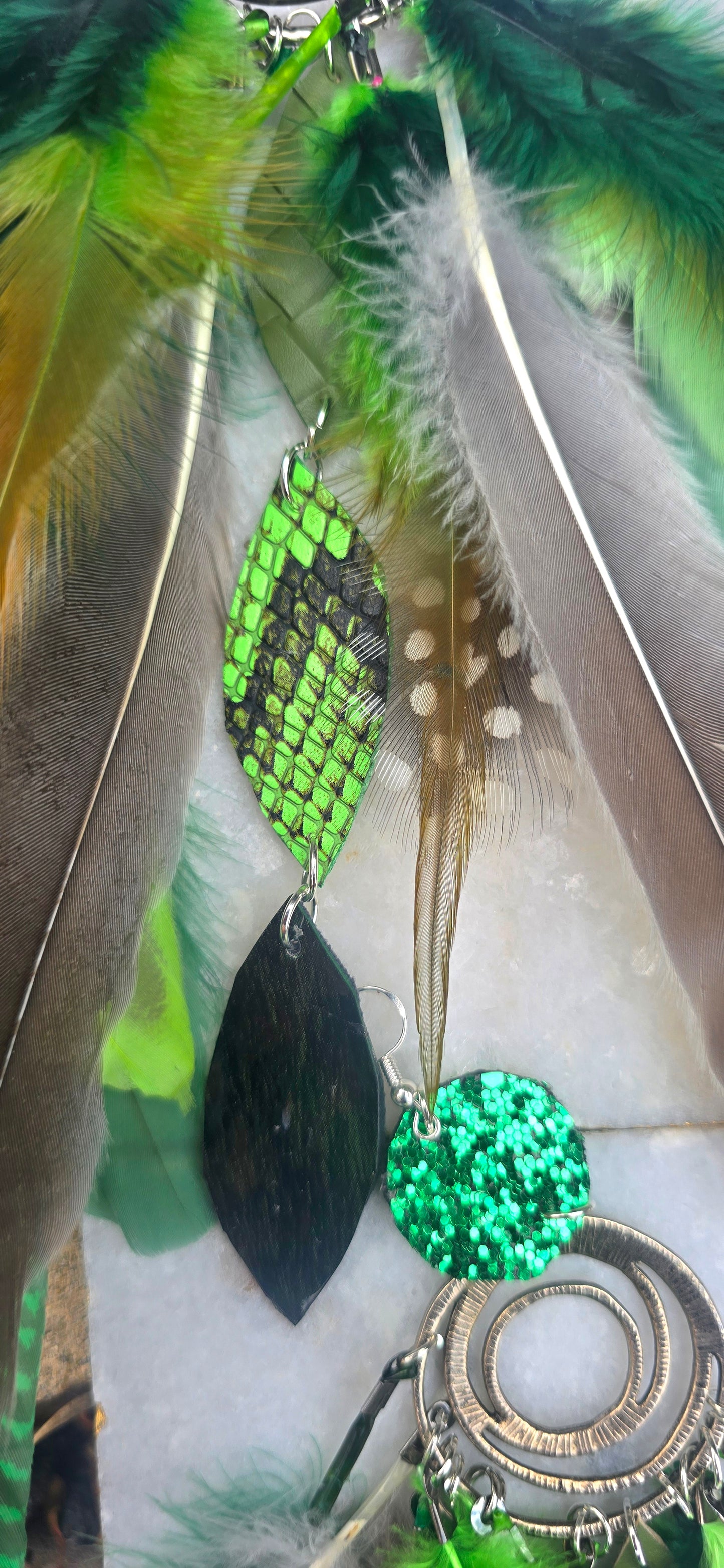 Marina - Gorgeous Green Boho Festival Feather Earrings