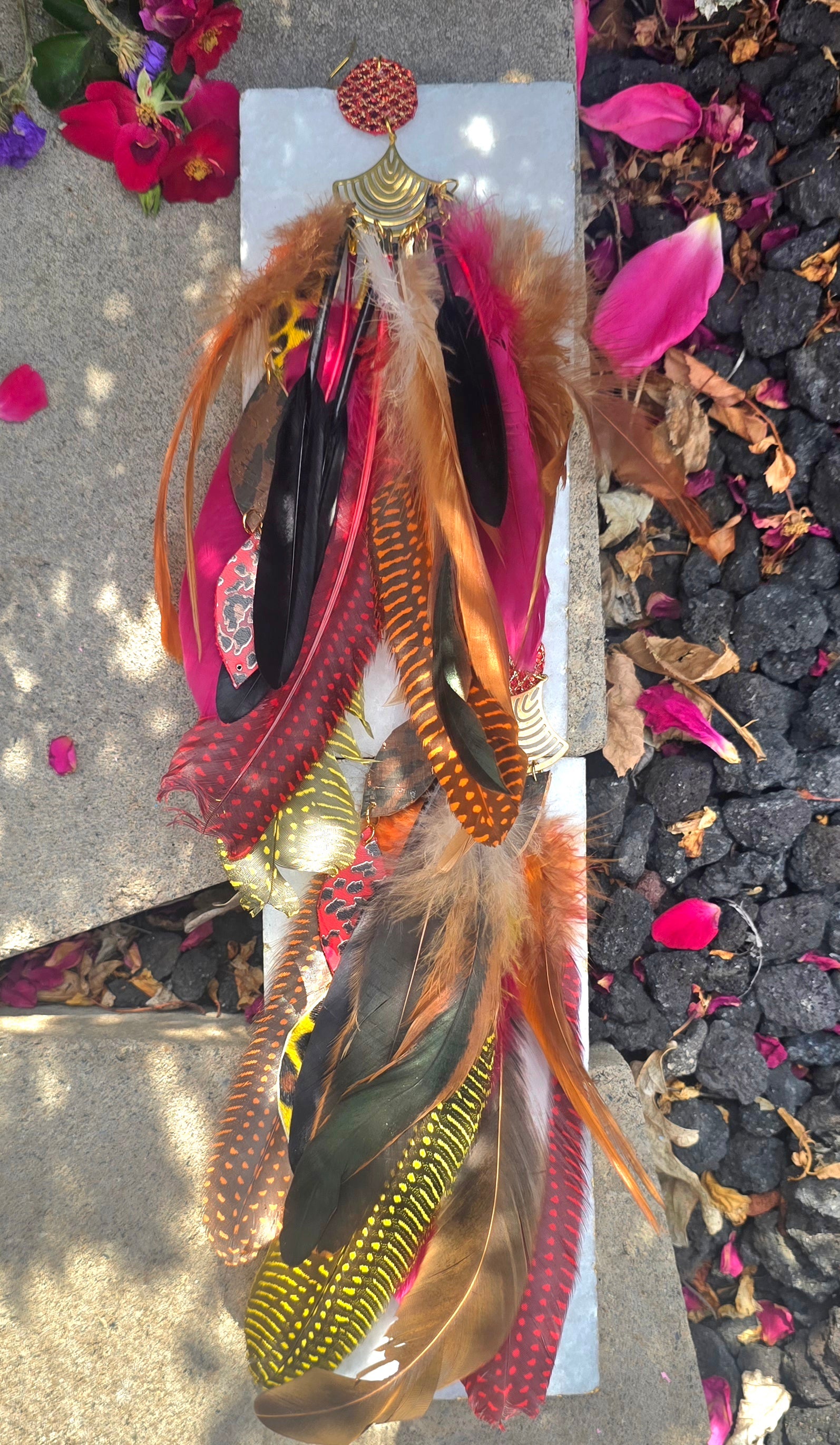 Dawn - Animal Print Red Feather Earrings
