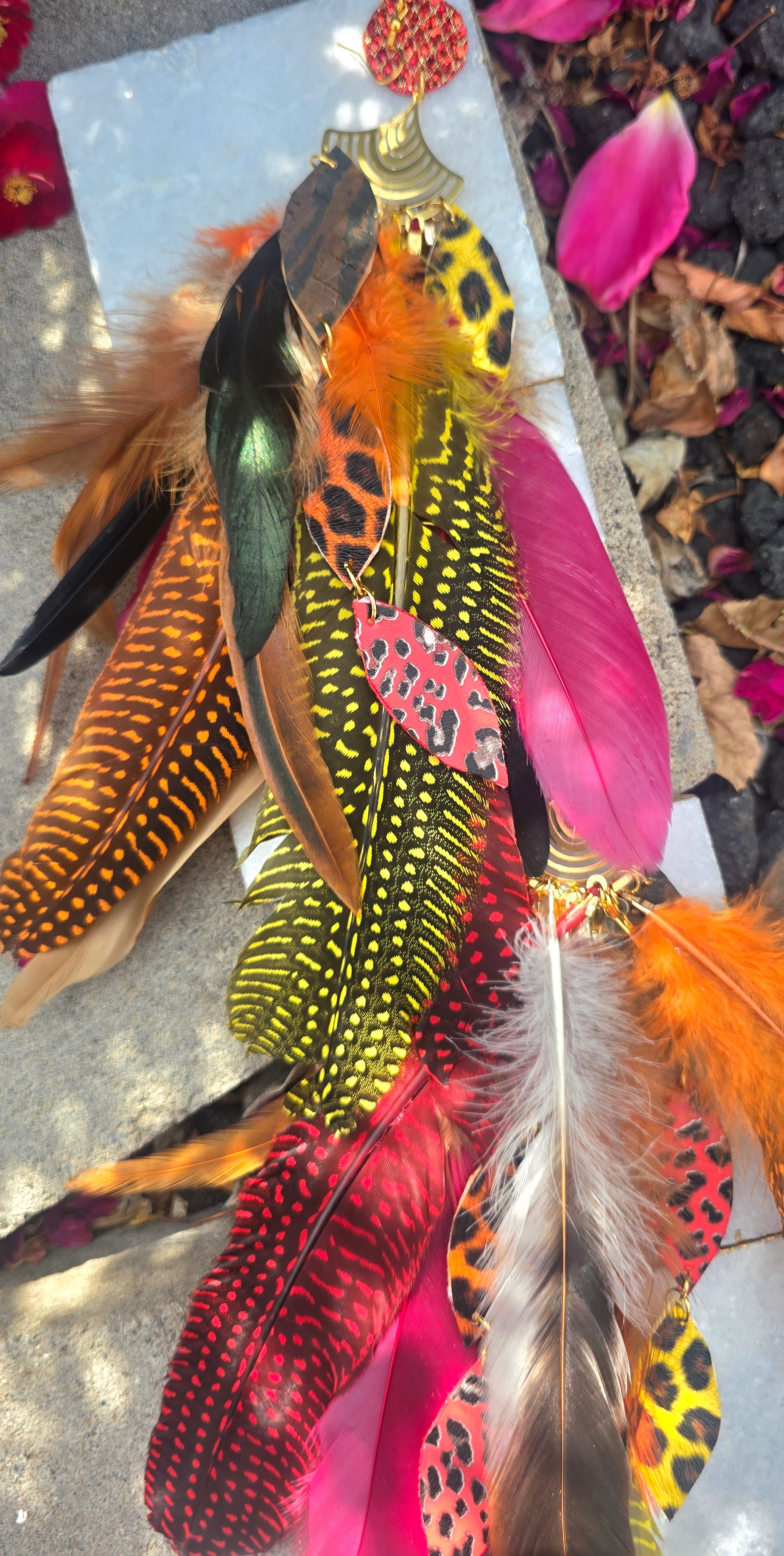Dawn - Animal Print Red Feather Earrings