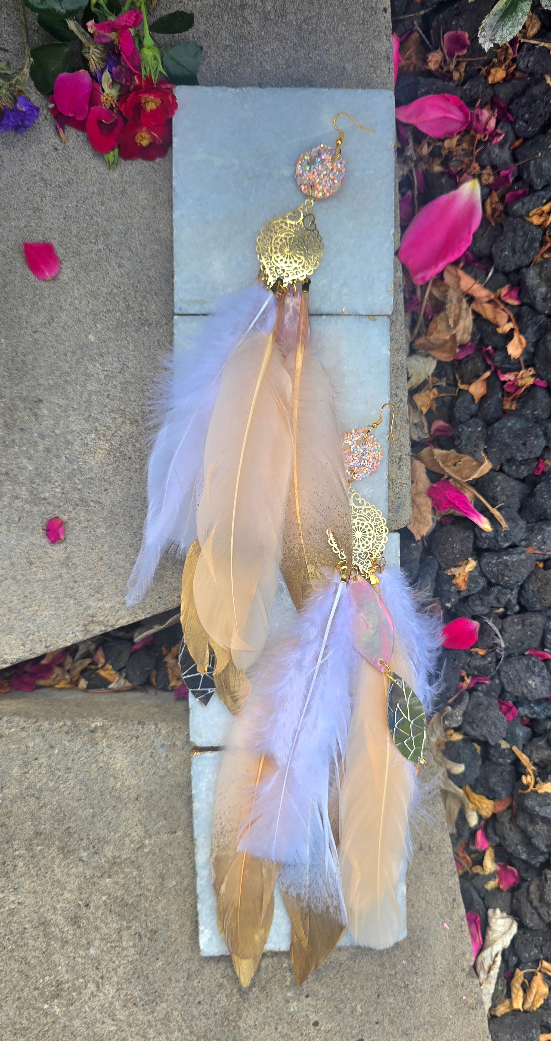 Julia - Neutral Pink Gold Feather Earrings