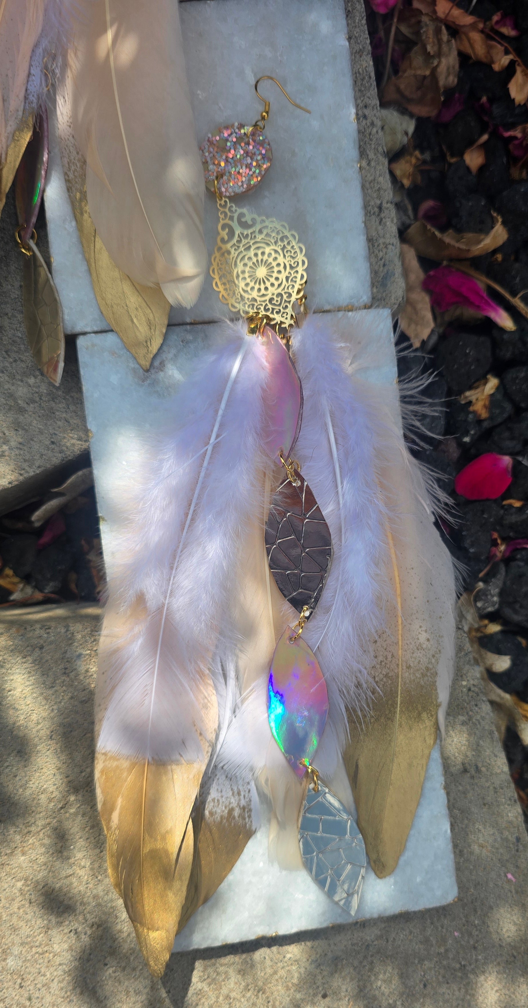 Julia - Neutral Pink Gold Feather Earrings