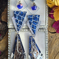 Caitlin - Blue Shimmery Geometric Long Earrings - Shop Moxxc