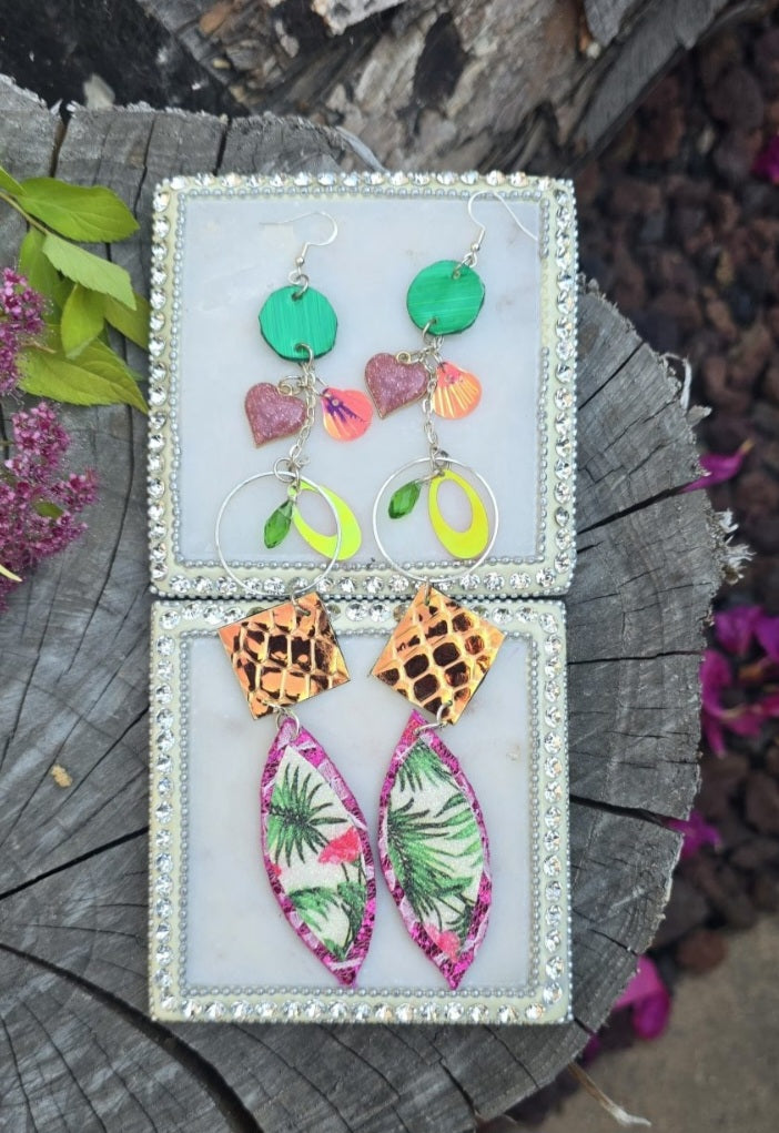 Justine - Pink Green Long Dangle Vacation Earrings - Shop Moxxc