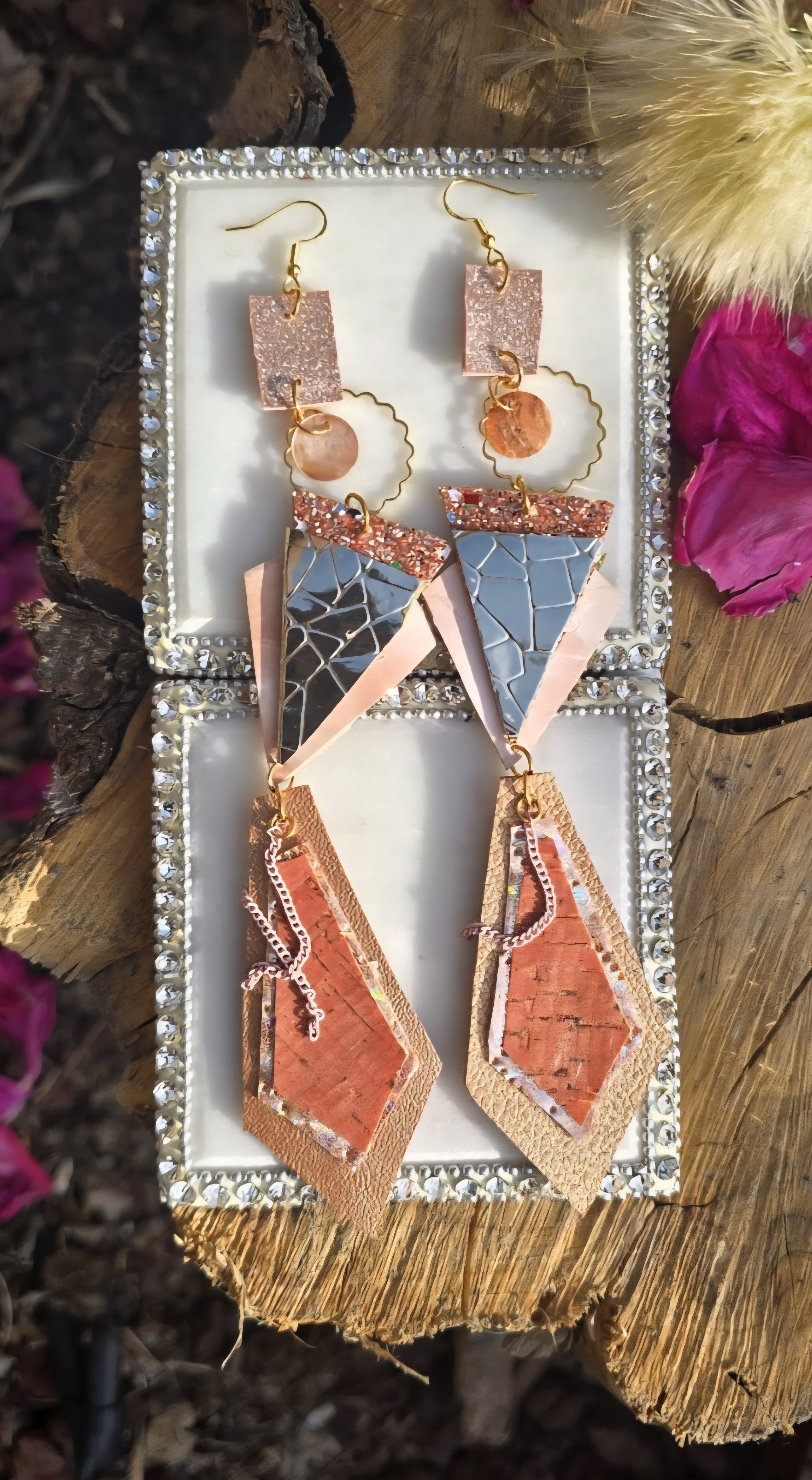 Neutral long geometric dangle earrings by Shop Moxxc featuring a modern design and elegant silhouette.